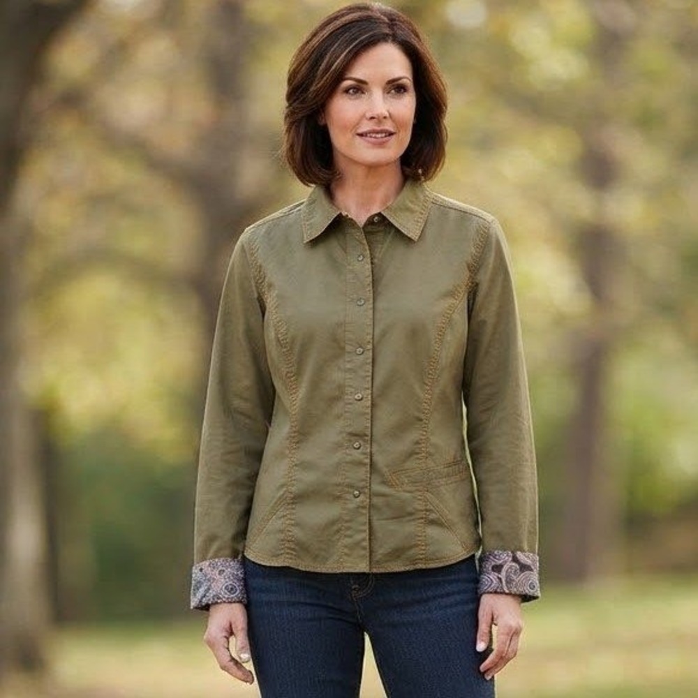 Royal Robbins Snap Front Jacket Womens Large Olive Paisley Trim Utility Gorpcore
